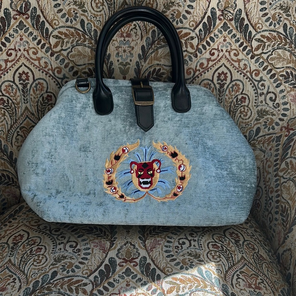 Embroidered Blue Devil Satchel. Elsa Mars handbag as featured in AHS Freak Show.
